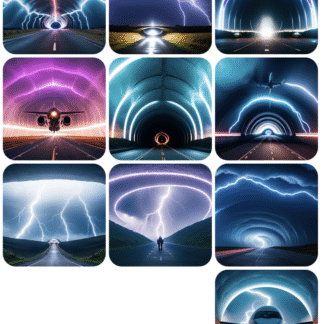Túneles de luz y rayos sobre carreteras futuristas con aviones y tormentas eléctricas